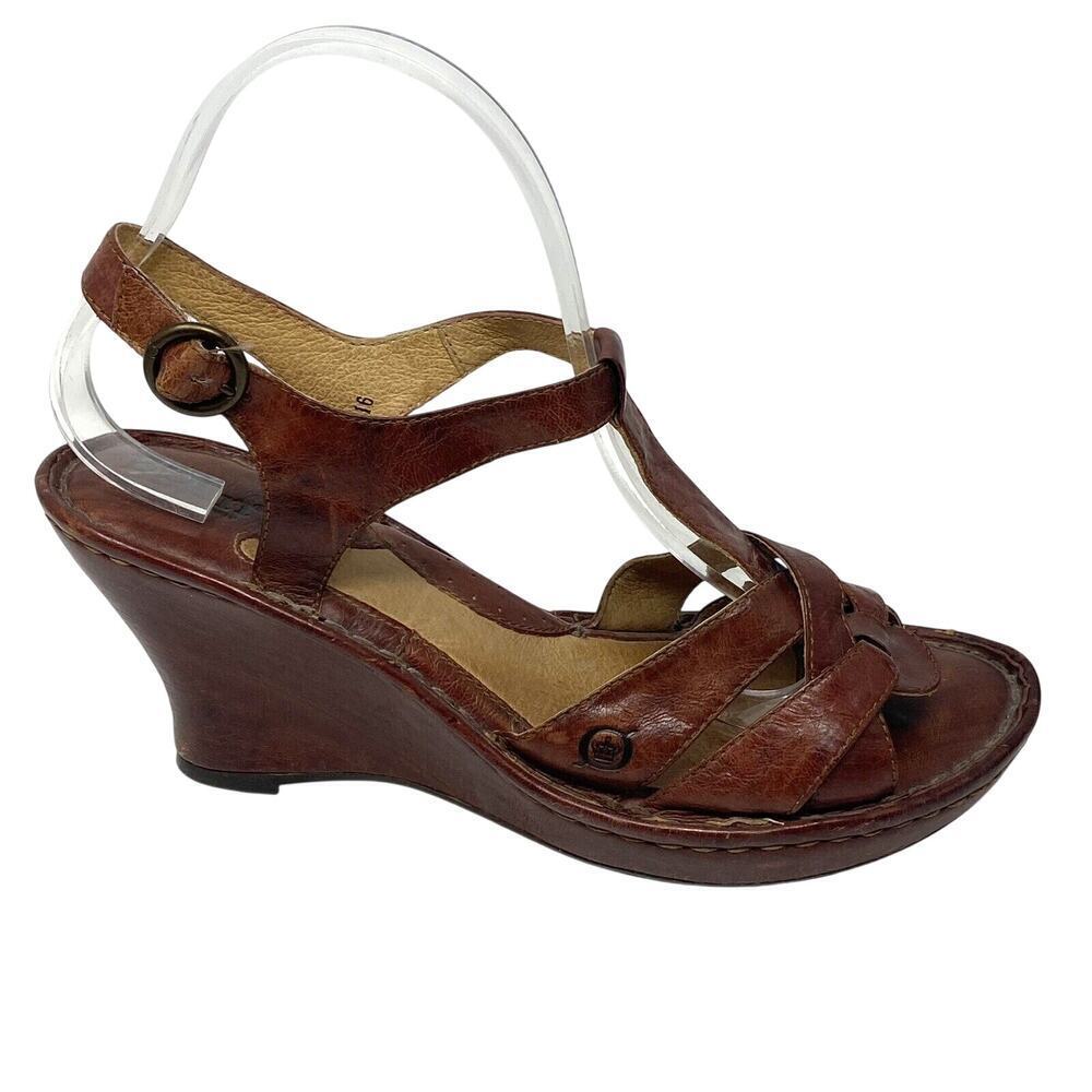 Born Wedge Heel T Strap Sandals Brown Leather